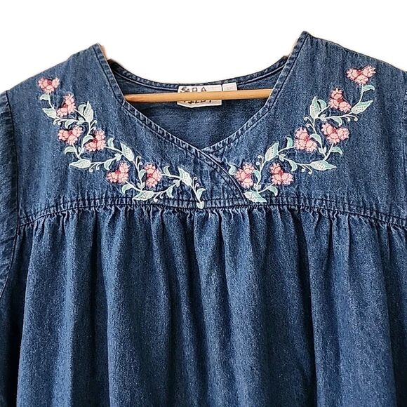 National Denim Jean Maxi Dress Women’s Plus Size 3X Floral Embroidery & Pockets - Picture 2 of 7